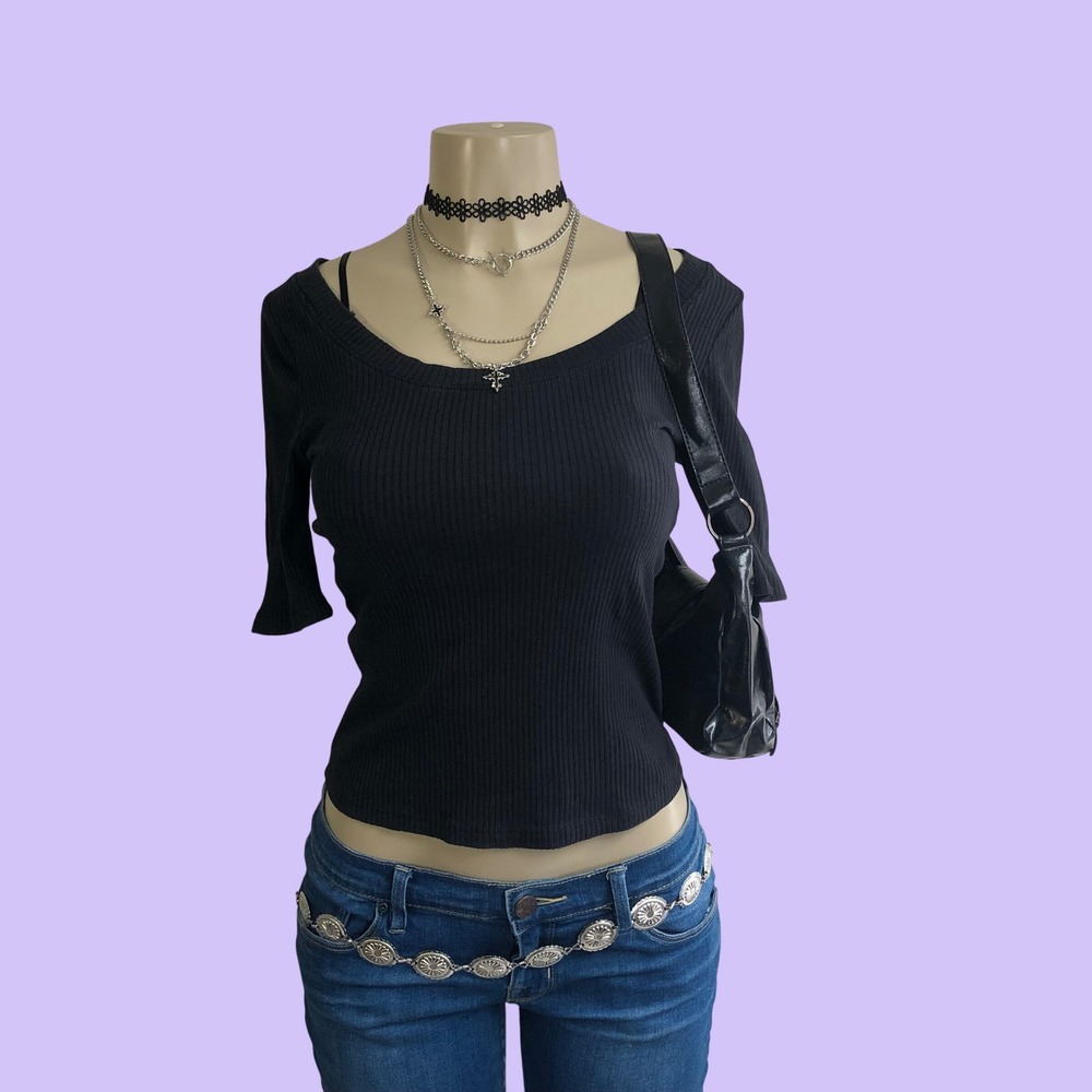 Maeve Anthropologie Black Ribbed Off Shoulder Top Elbow Sleeve Womens S